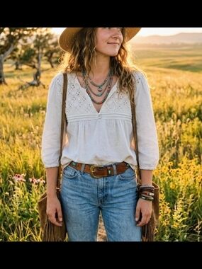 100% Linen Oatmeal Boho Crochet Yoke 3/4 Sleeve Top (Size M/L)